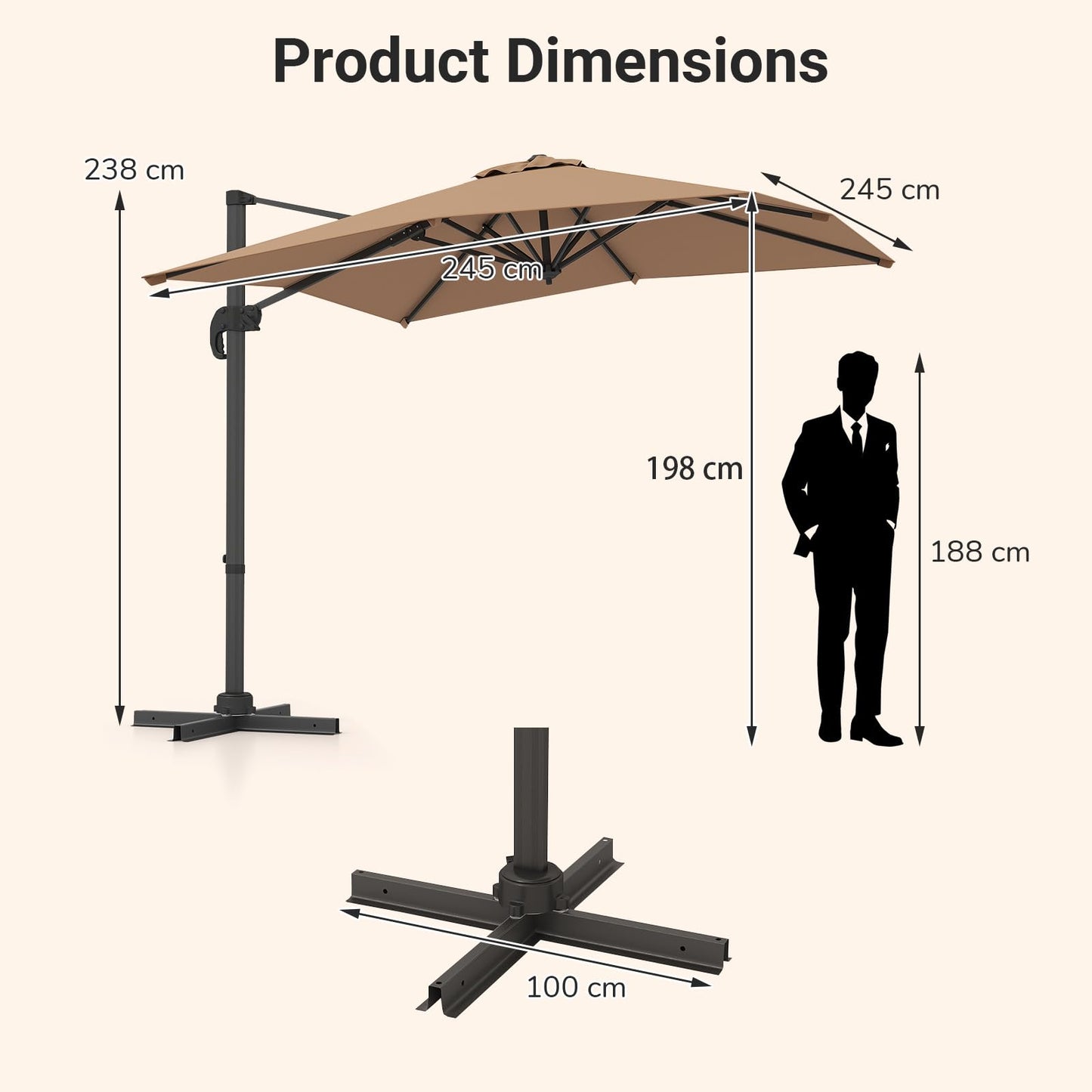 2.5M Square Offset Banana Umbrella with 5 Adjustable Tilt