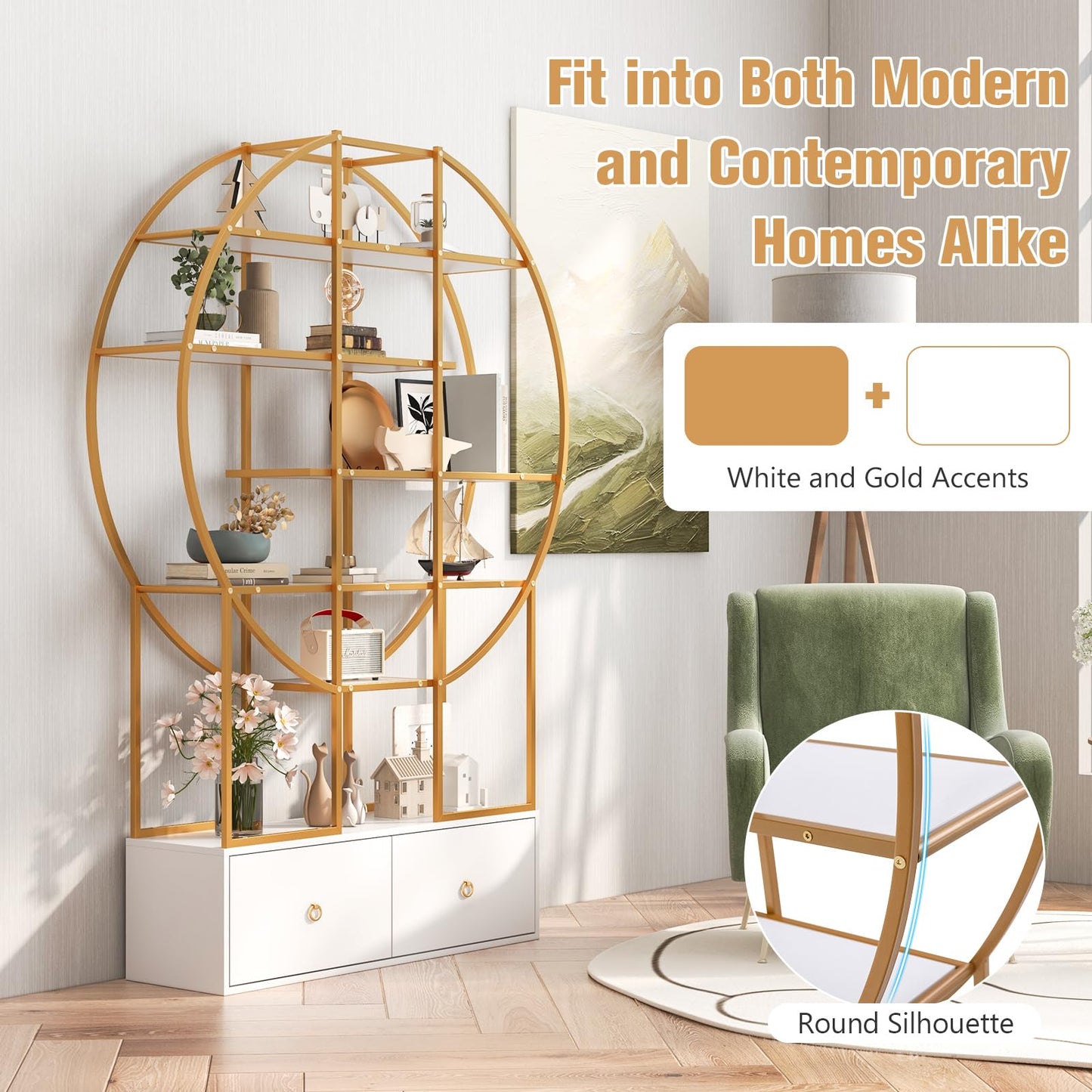 6-Tier Gold Bookshelf with 2 Storage Drawers Staggered Shelves