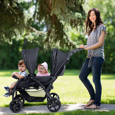 Foldable Twin Tandem Stroller with Adjustable Backrest