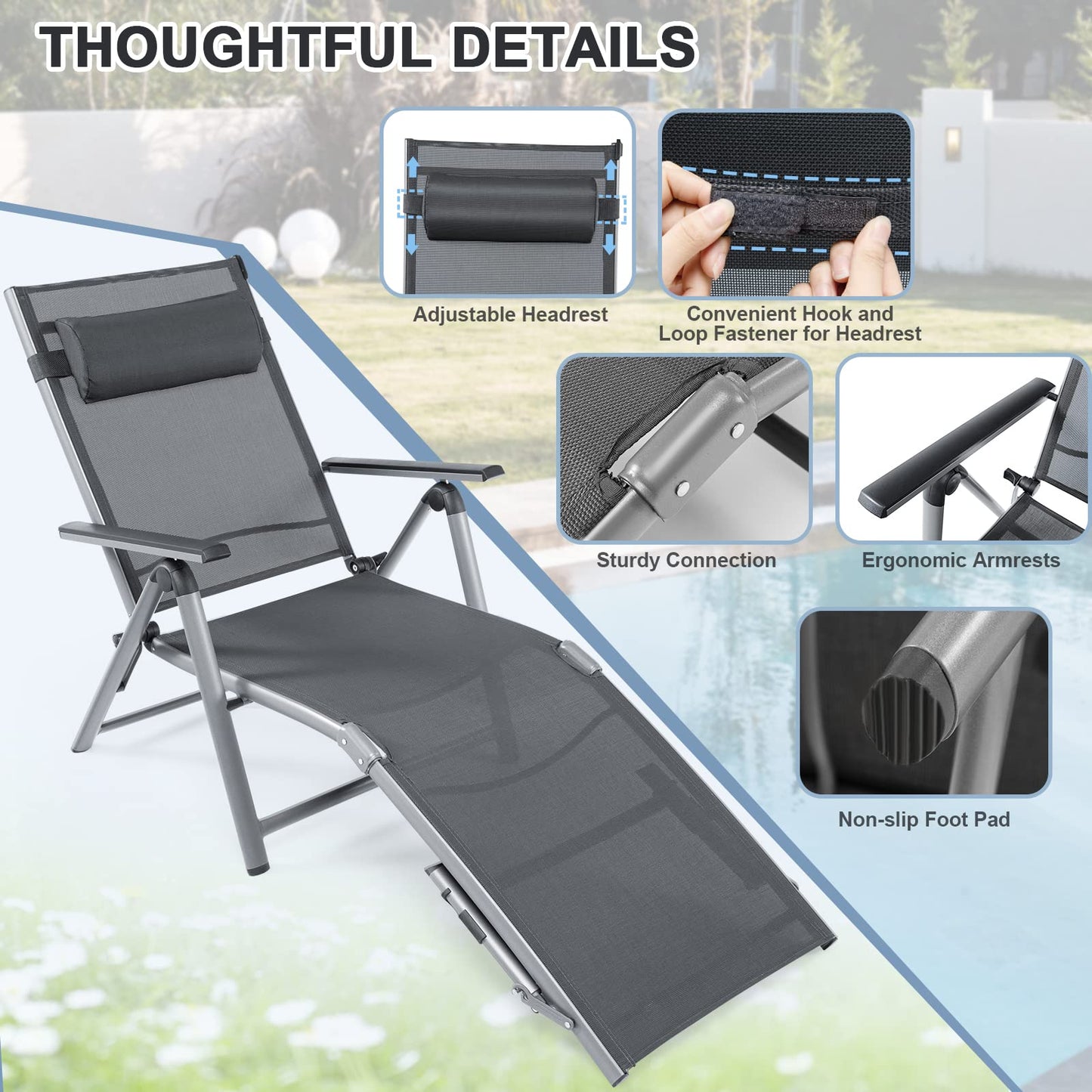 8 Positions Adjustable Garden Chaise Lounge Sunbed with 2-Level Foldable Legs and Pillow
