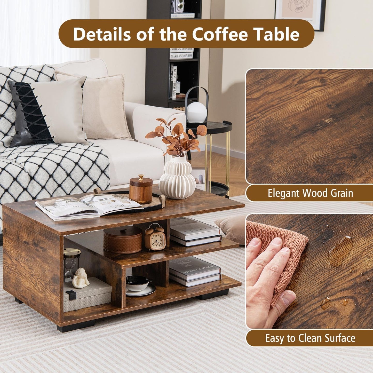 Coffee Table 3 Tier Rectangular Center with L Shaped Middle Shelf