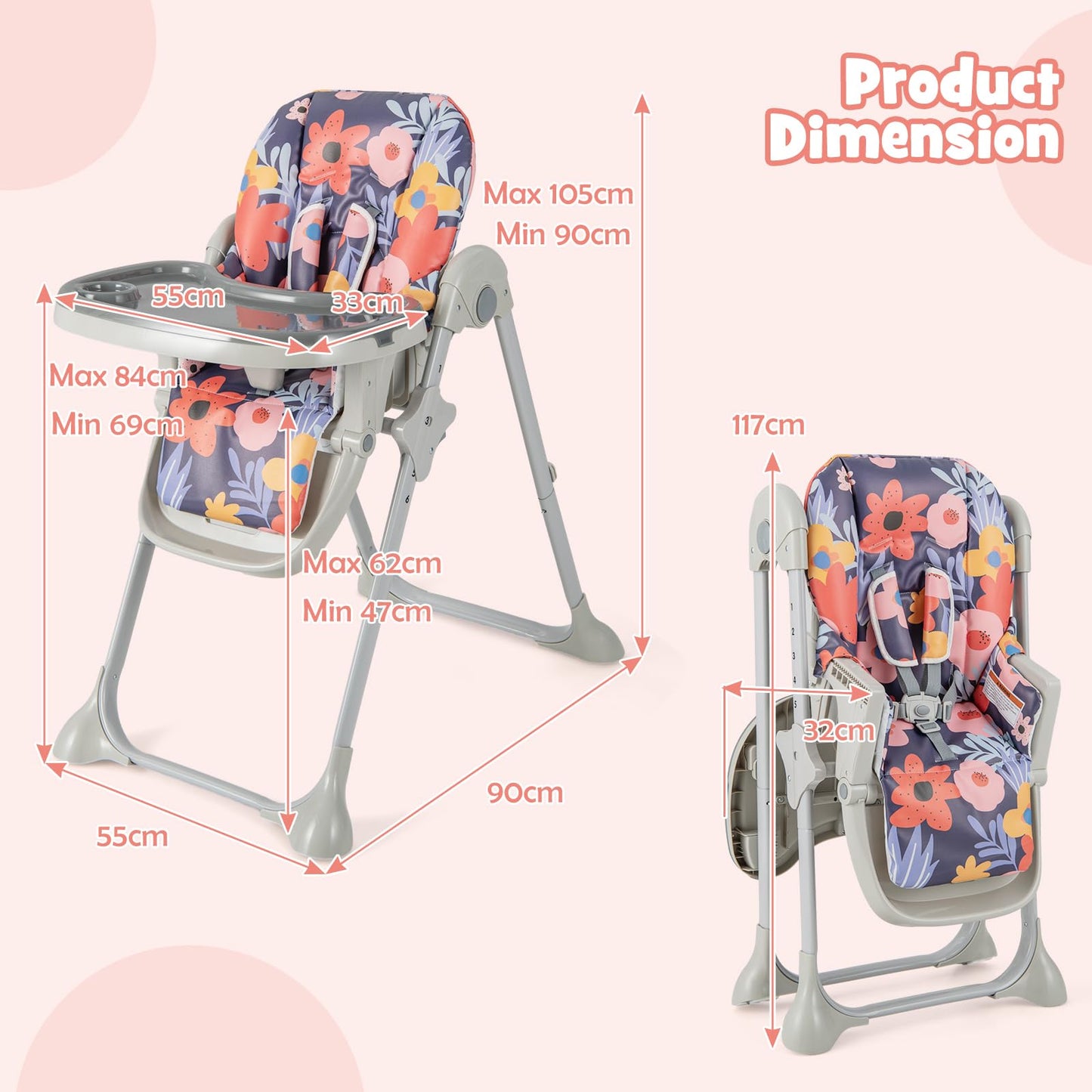 Height Adjustable Feeding High Chairs with Removable Tray