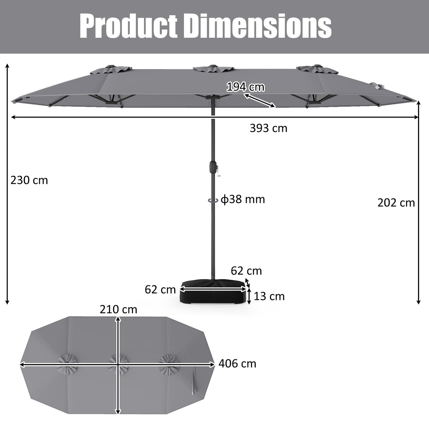 4M Double-Sided Parasol with Base with 36 Solar LED Lights