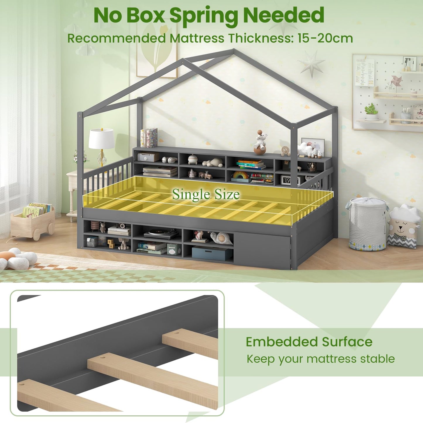 Wooden Single Size House Bed with Roof and 14 Storage Cubes