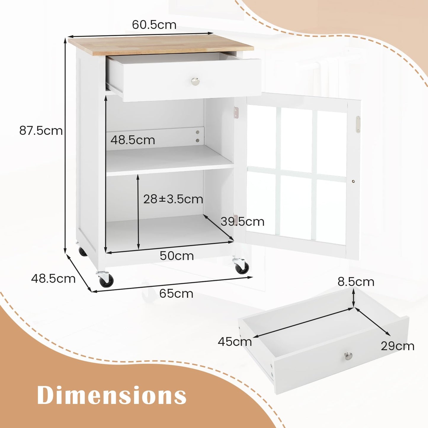 65 CM Kitchen Island Cart Rolling Kitchen Cabinet with Rubber Wood Tabletop