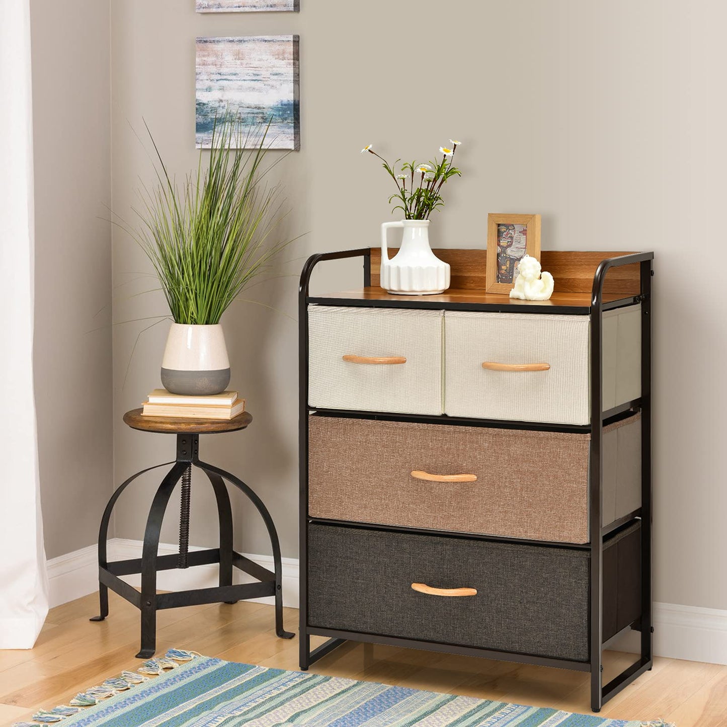 Vertical Dresser Storage Tower with Wooden Top and 4 Drawers