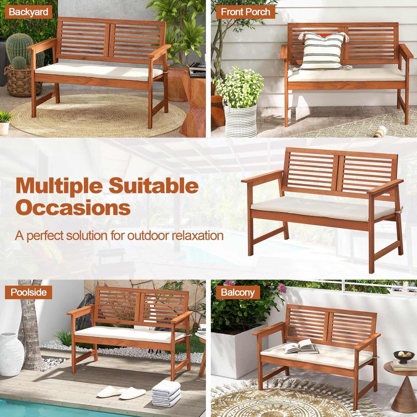 Outdoor Solid Wood Bench with Comfortable Backrest