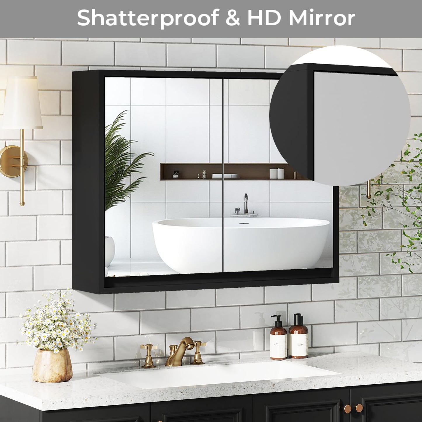 Double Mirrored Door Cabinet with Storage Shelf for Bathroom