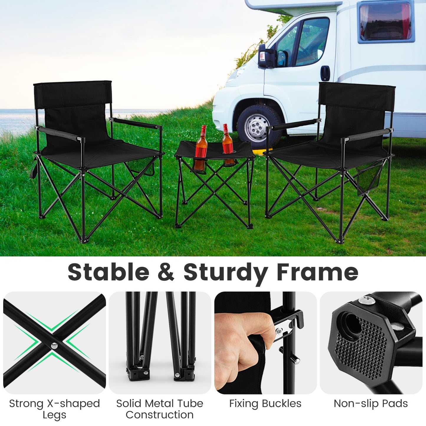 3 Piece Foldable Camping Chairs and Table Set