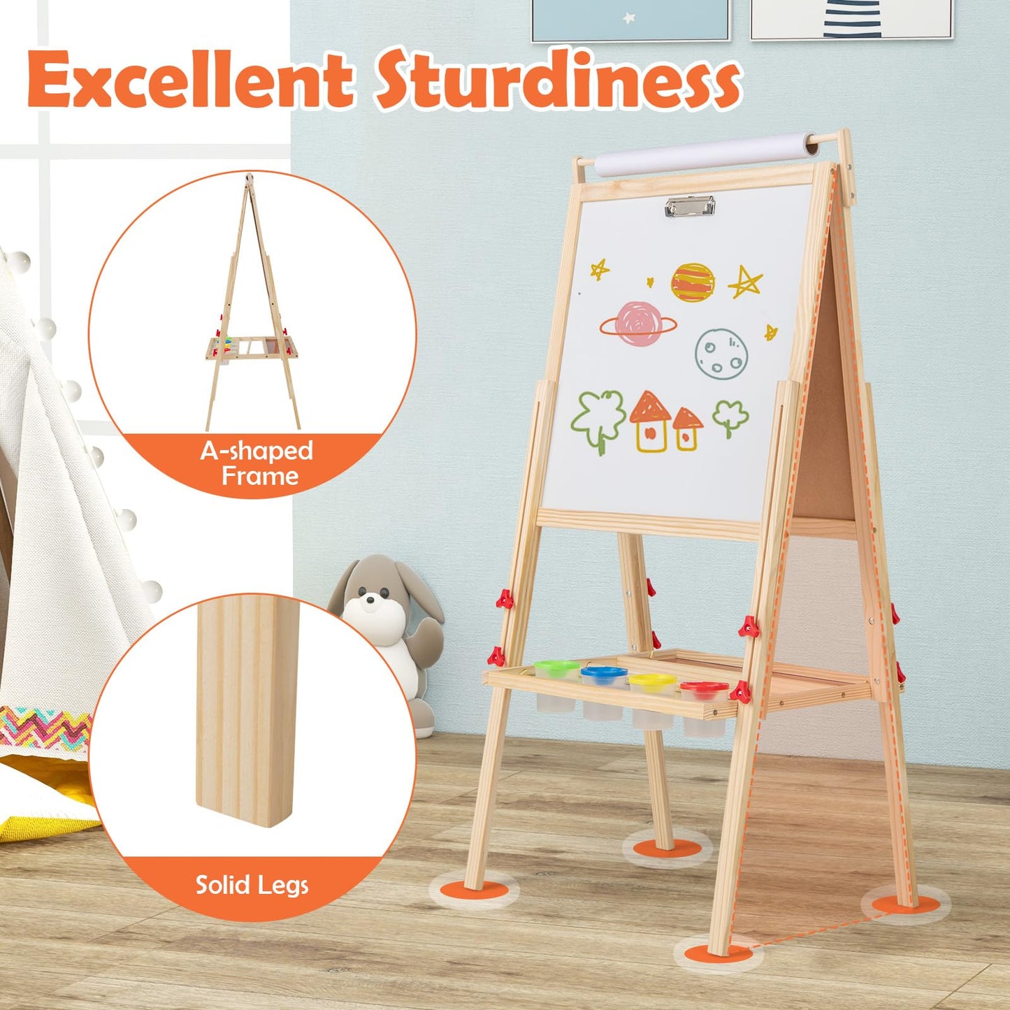 Double sided Height Adjustable Wooden Art Easel for 3 to 10 Yeas Old