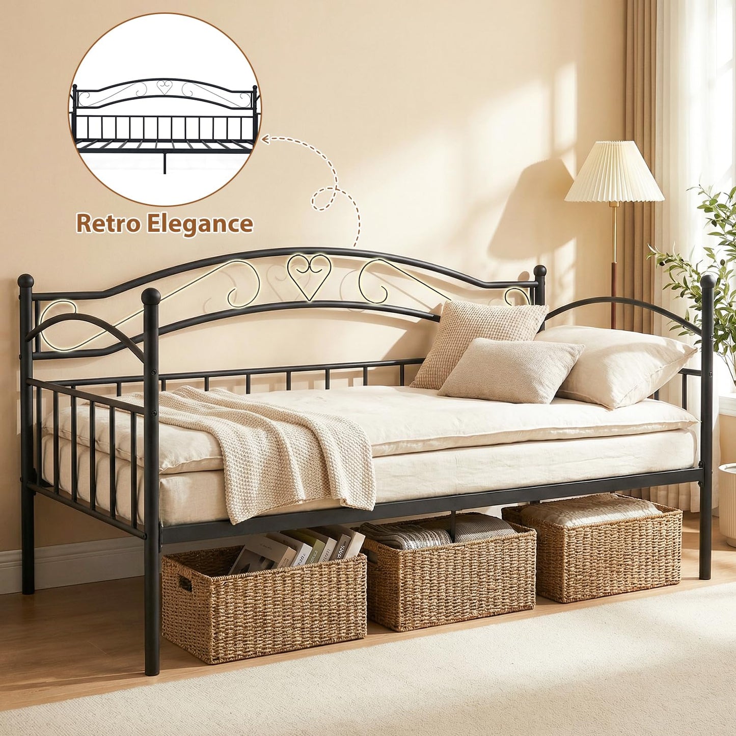 Metal Day Bed Frame, 3FT Single Sofa Bed Base Guest Platform Daybed with Headboard