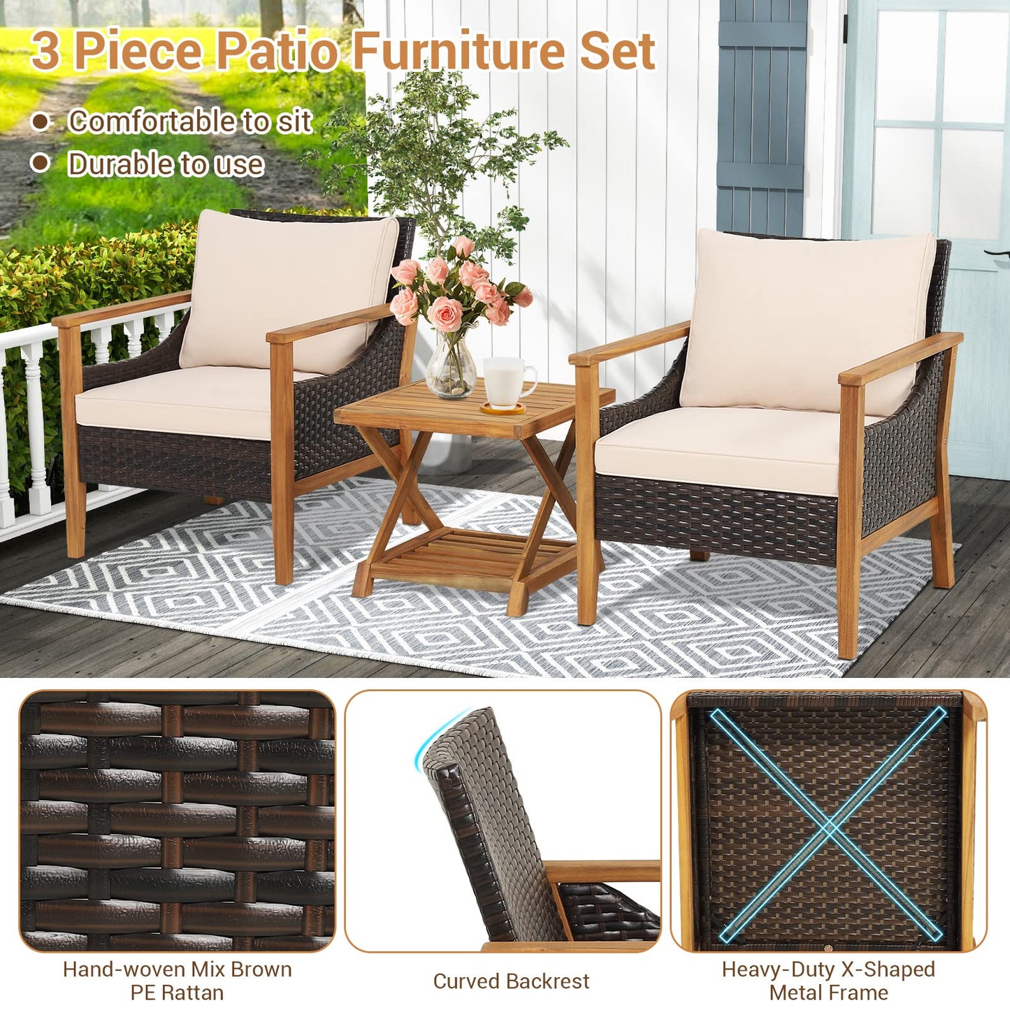 3 PCS Acacia Wood Garden Table and Chairs Patio Sofa Set with Coffee Table and Cushions