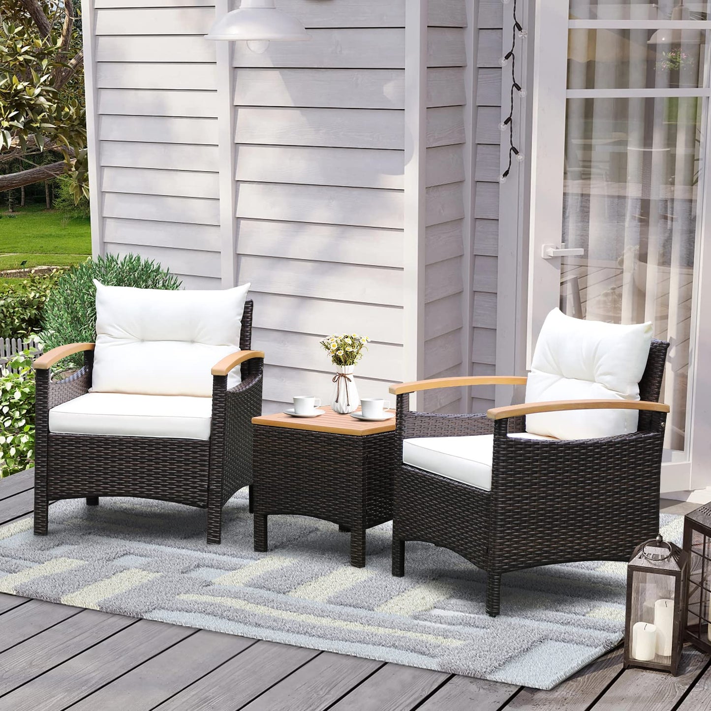 3-Piece Patio Sofa Set Garden Table and Chairs with Cushions