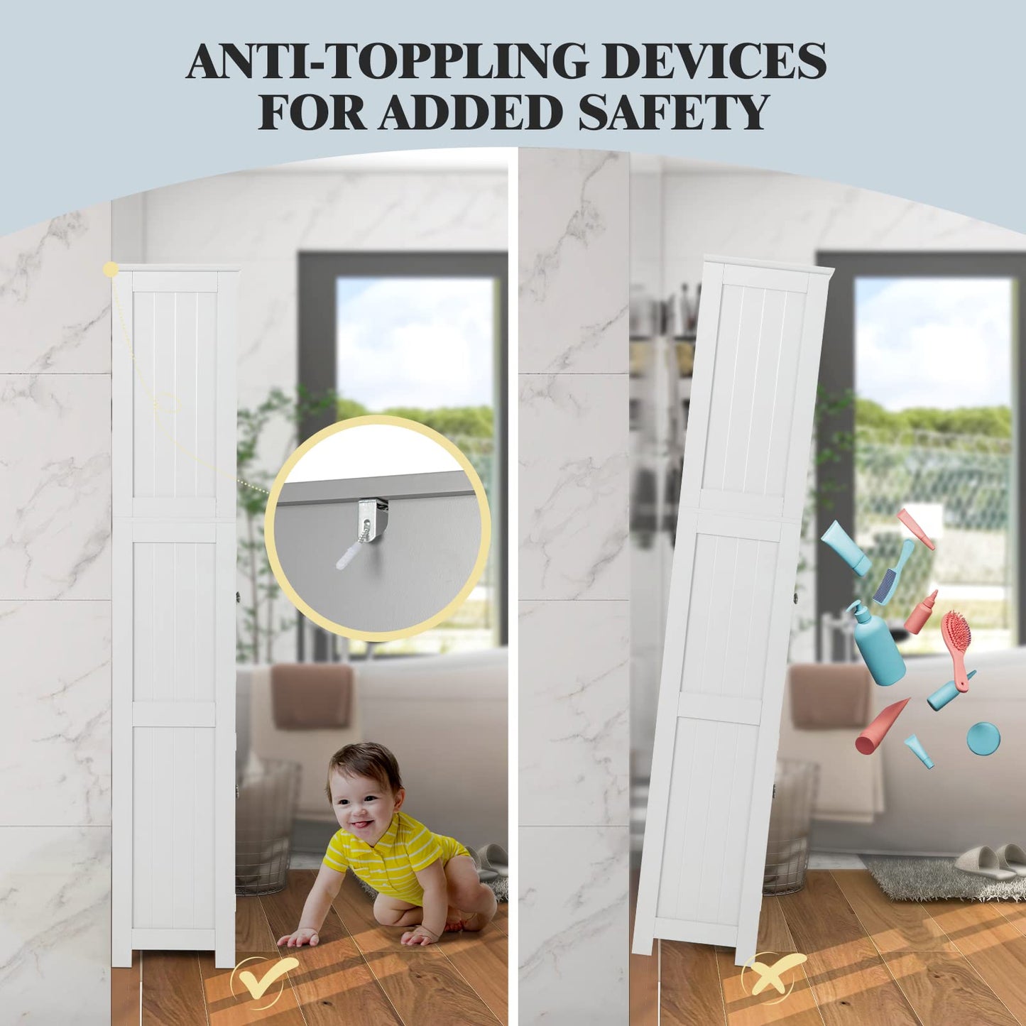 Freestanding Storage Cabinet with Tempered Glass Door and Open Shelves