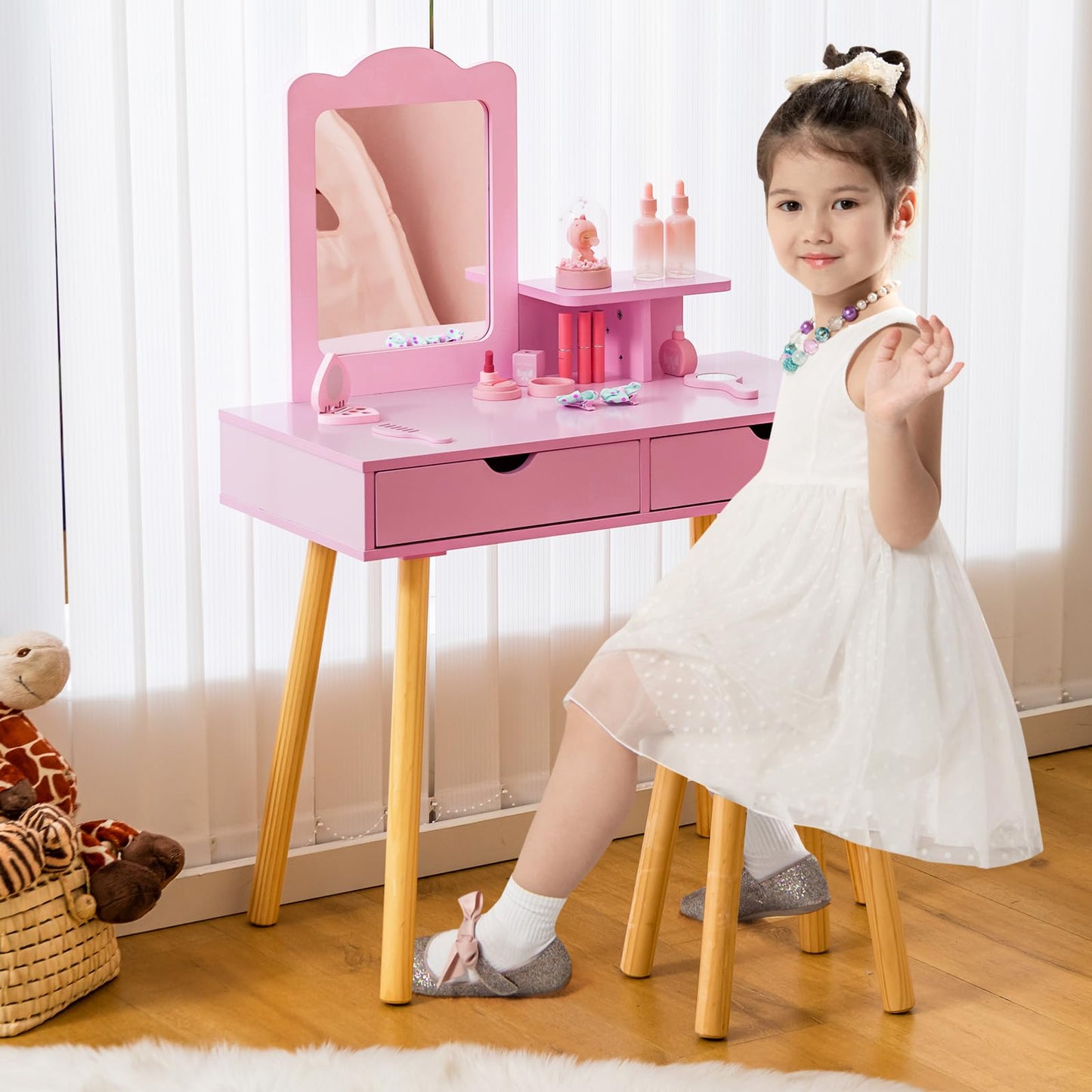 Kids Vanity Table and Stool Set with Square Mirror and Storage Shelf