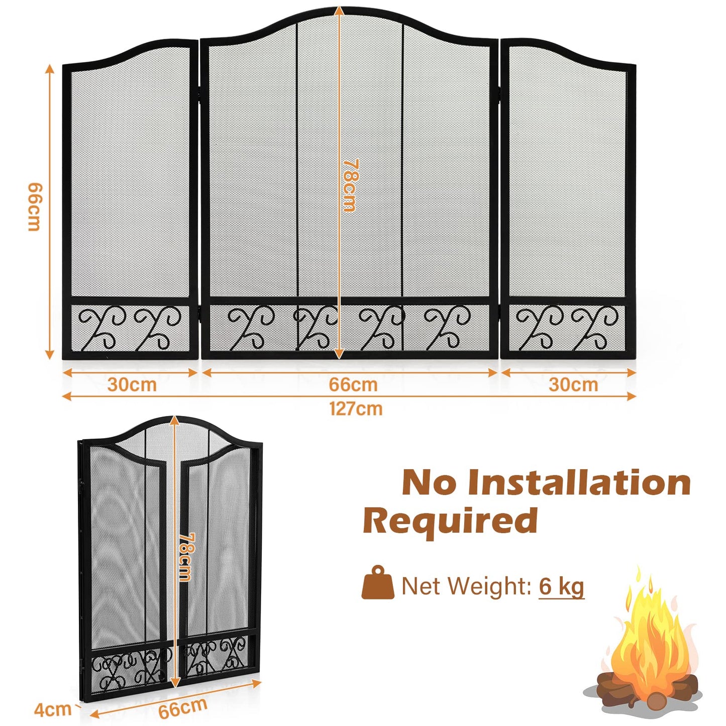 GiantexUK 3-Panel Folding Fire Guard, Metal Mesh Fireplace Screen