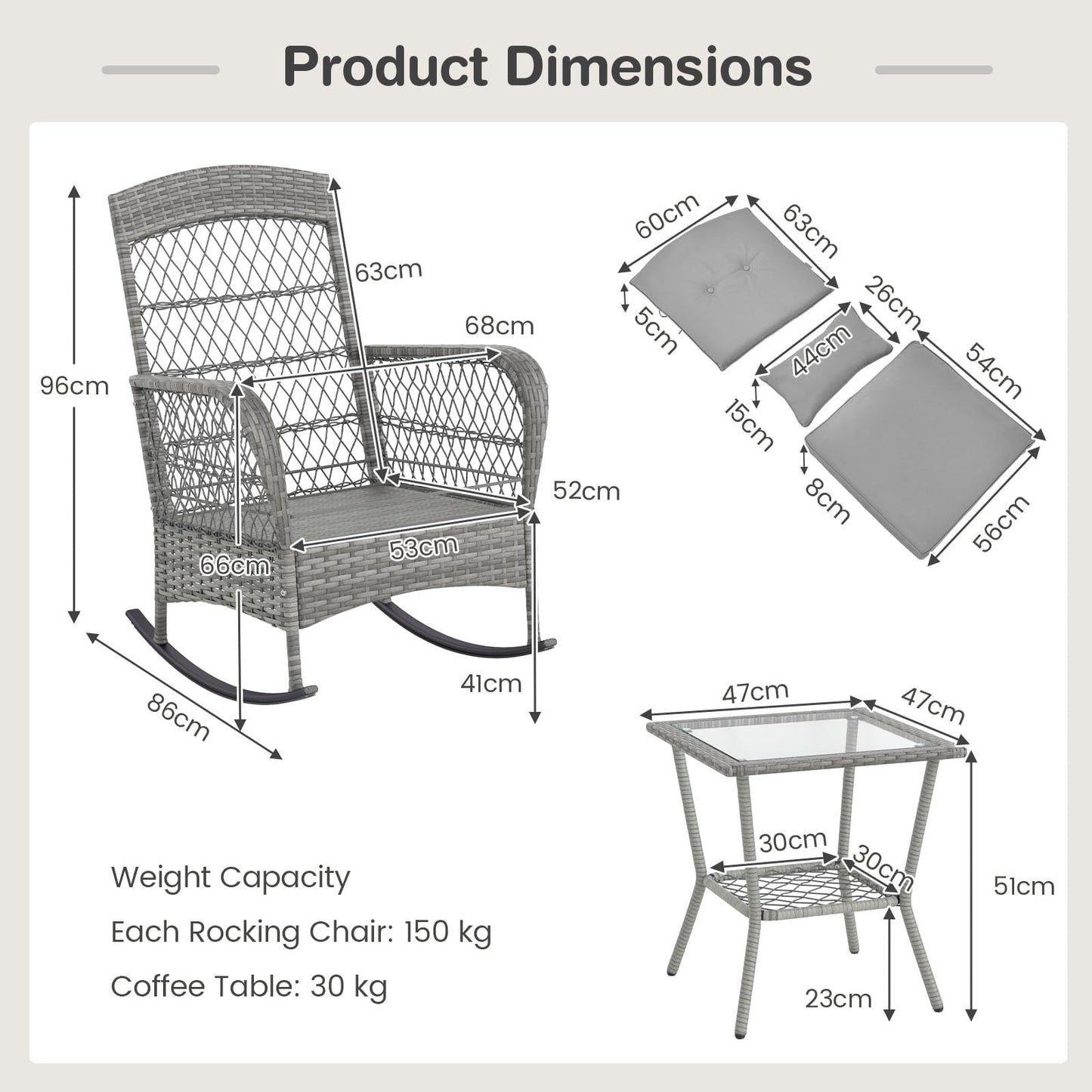 3 Piece Outdoor Rocking Chair Set with Cozy Cushions and Pillow