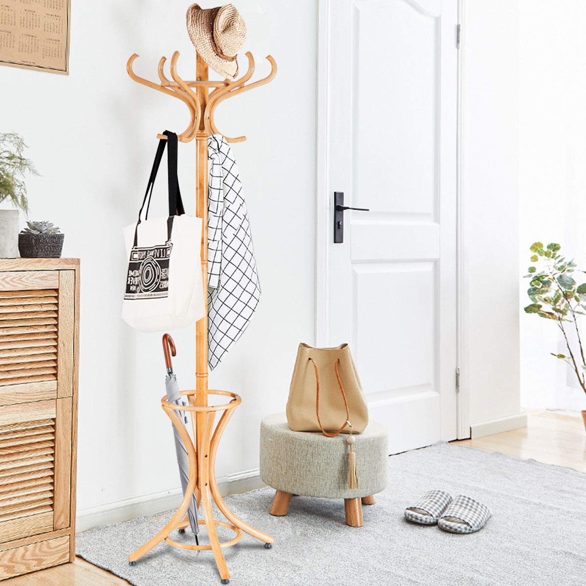 12 Hooks Freestanding Coat Rack with Umbrella Holder