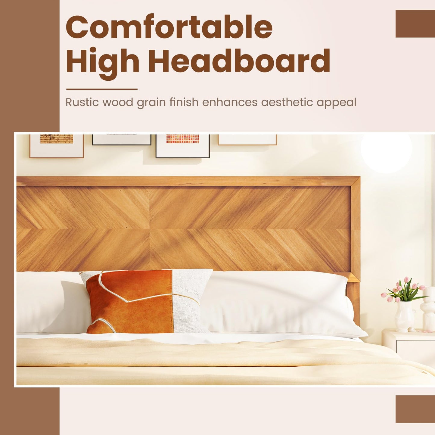 Mid-Century Acacia Wood Bed Frame with Headboard