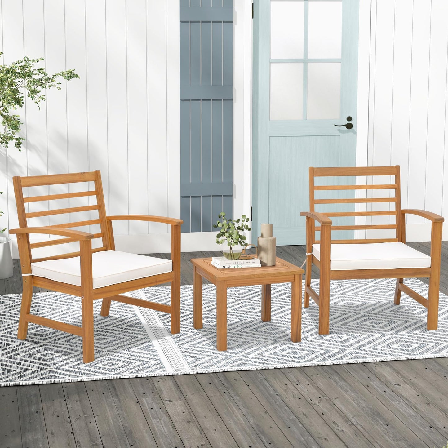 3-Piece Patio Bistro Set Acacia Wood Garden Furniture Set with Coffee Table 2 Armchairs