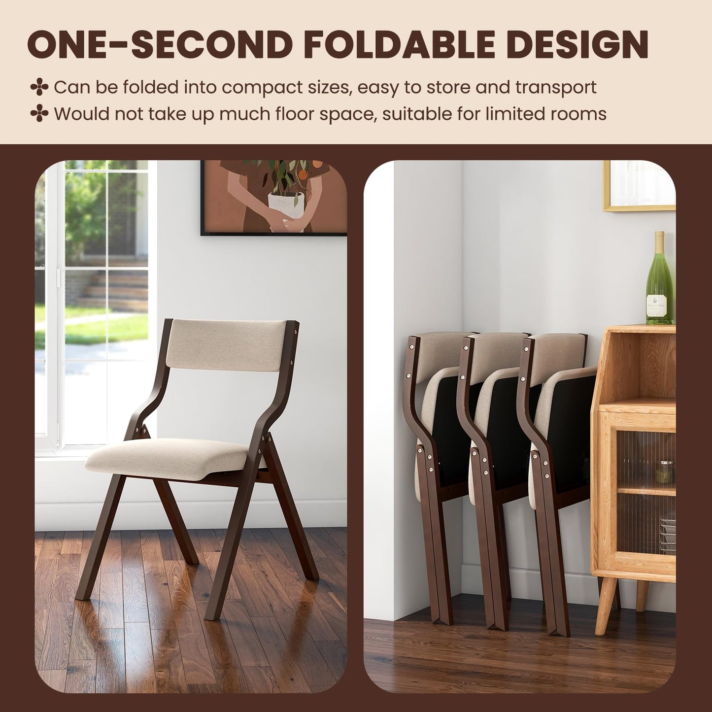Padded Folding Chair Set of 2, Wooden Counter Dining Chairs with Linen Fabric Seat