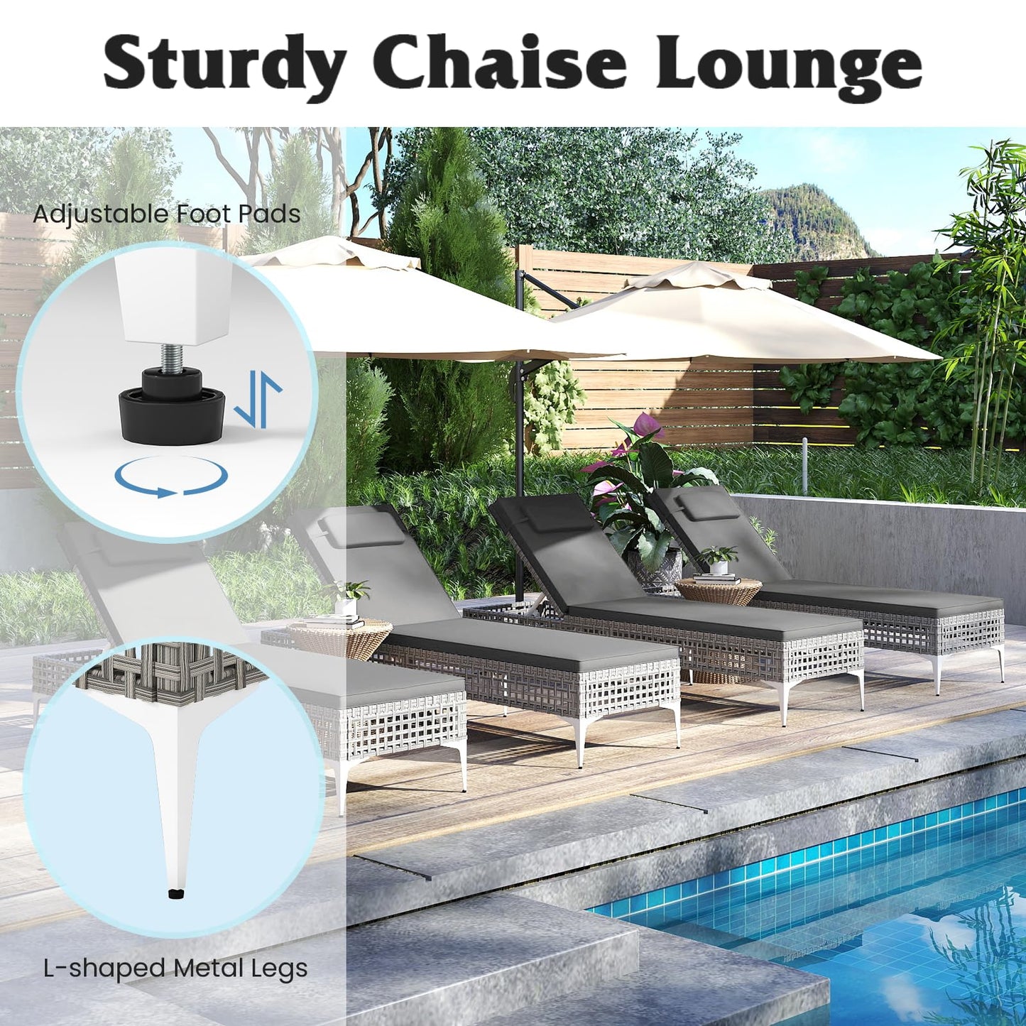 Patio Chaise Lounge PE Wicker Reclining Sun Lounger with 6-Level Adjustable Backrest