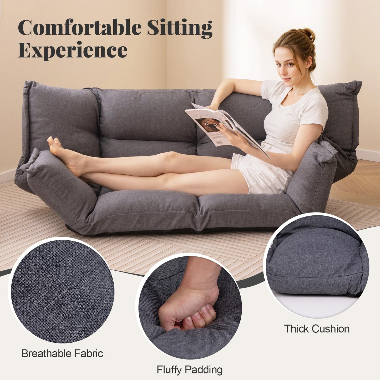 Floor Sofa Chair with 5-Postion Adjustable Backrest and Armrests