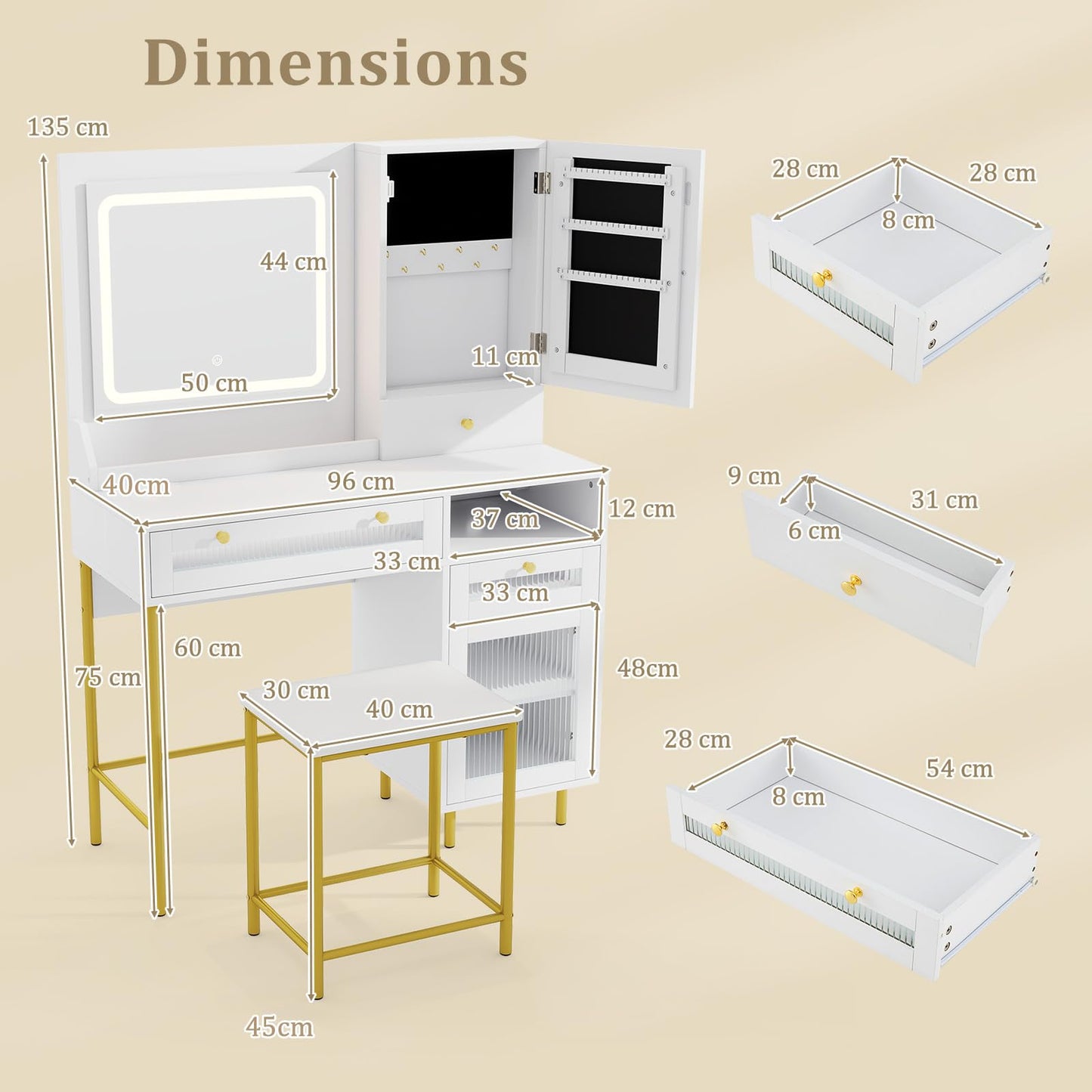 Vanity Set with 2 Fluted Glass Drawers and 1 Ordinary Drawer