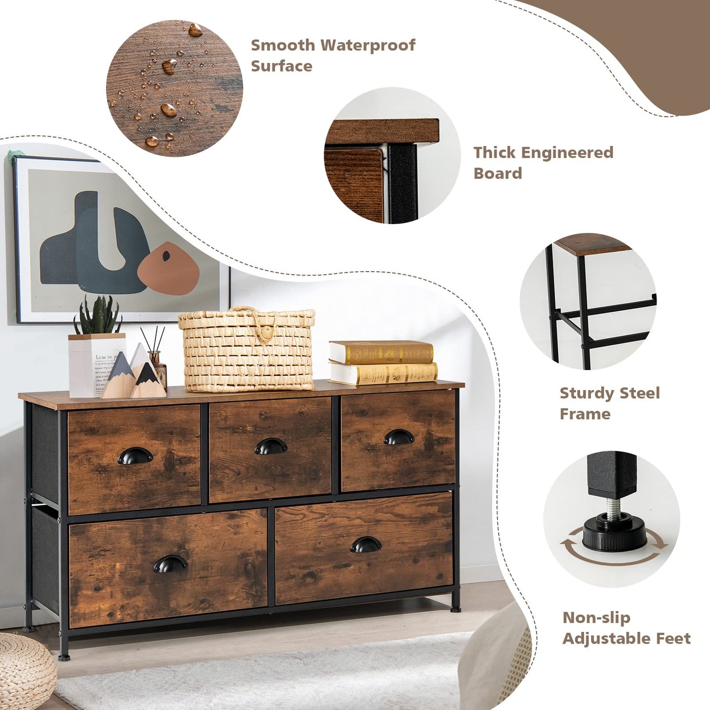 5 Drawer Multifunction Dresser with Foldable Drawers and Wooden Top