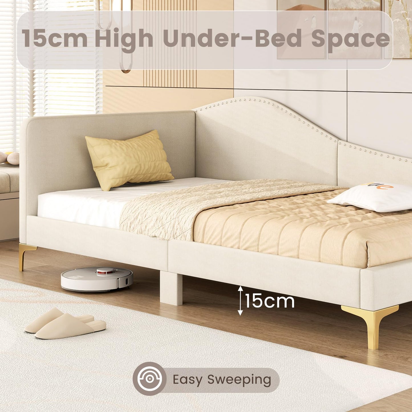 Single Size Upholstered Daybed Rivet-Tufted Platform Bed with Metal Legs