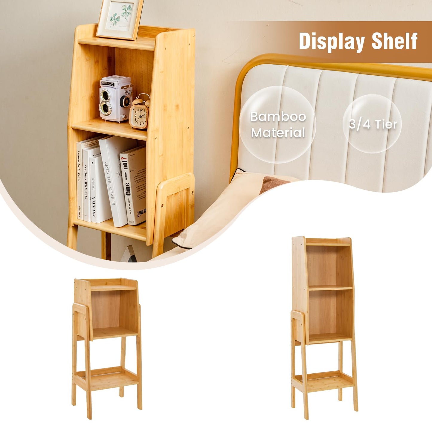 3 Tier Free Standing Tall Bamboo Bookshelf with Legs