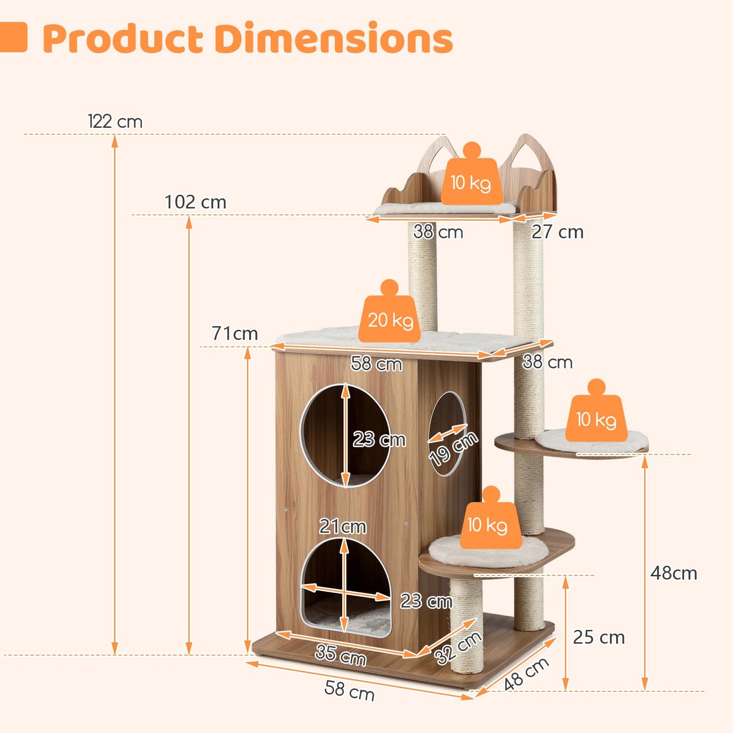 Wooden Cat Tree, 122cm Tall Multi-Layer Cat Tower with Cute Top Perch