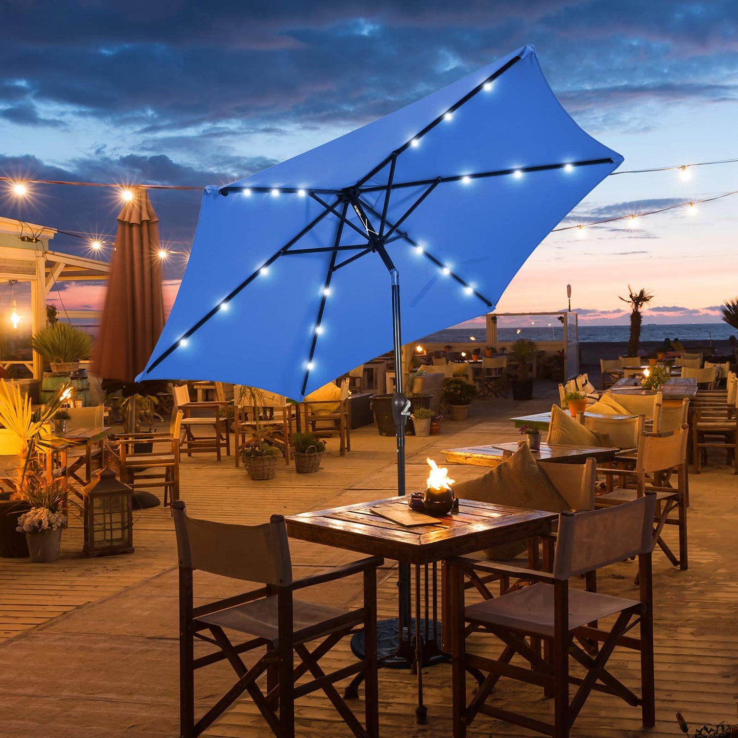 2.7m 18 Solar Powered LED Lights Patio Umbrella with Tilt and Crank Handle