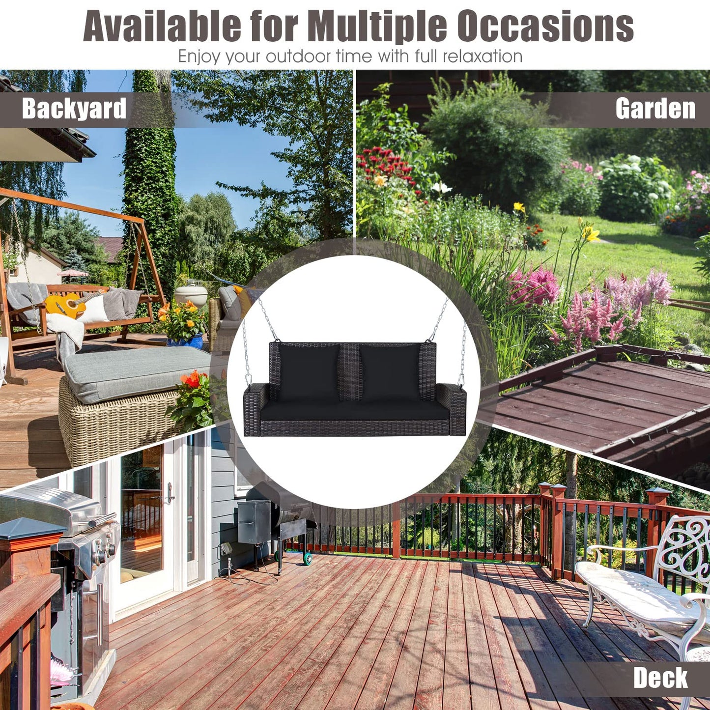 2-Seat Patio Rattan Porch Swing with Two Solid Steel Chains