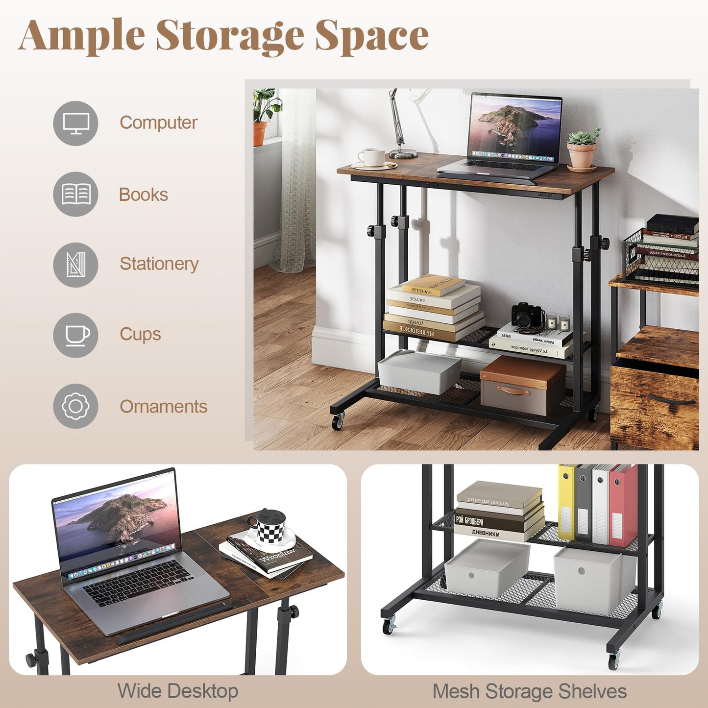 80 x 50cm Height Adjustable Mobile Laptop Table Computer Desk with Tilting Tabletop