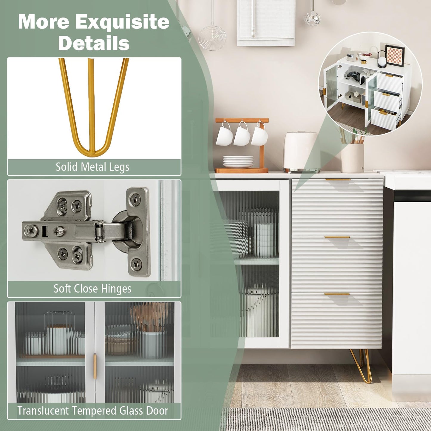 Modern Sideboard Storage Cabinet with 2 Glass Doors and 3 Drawers