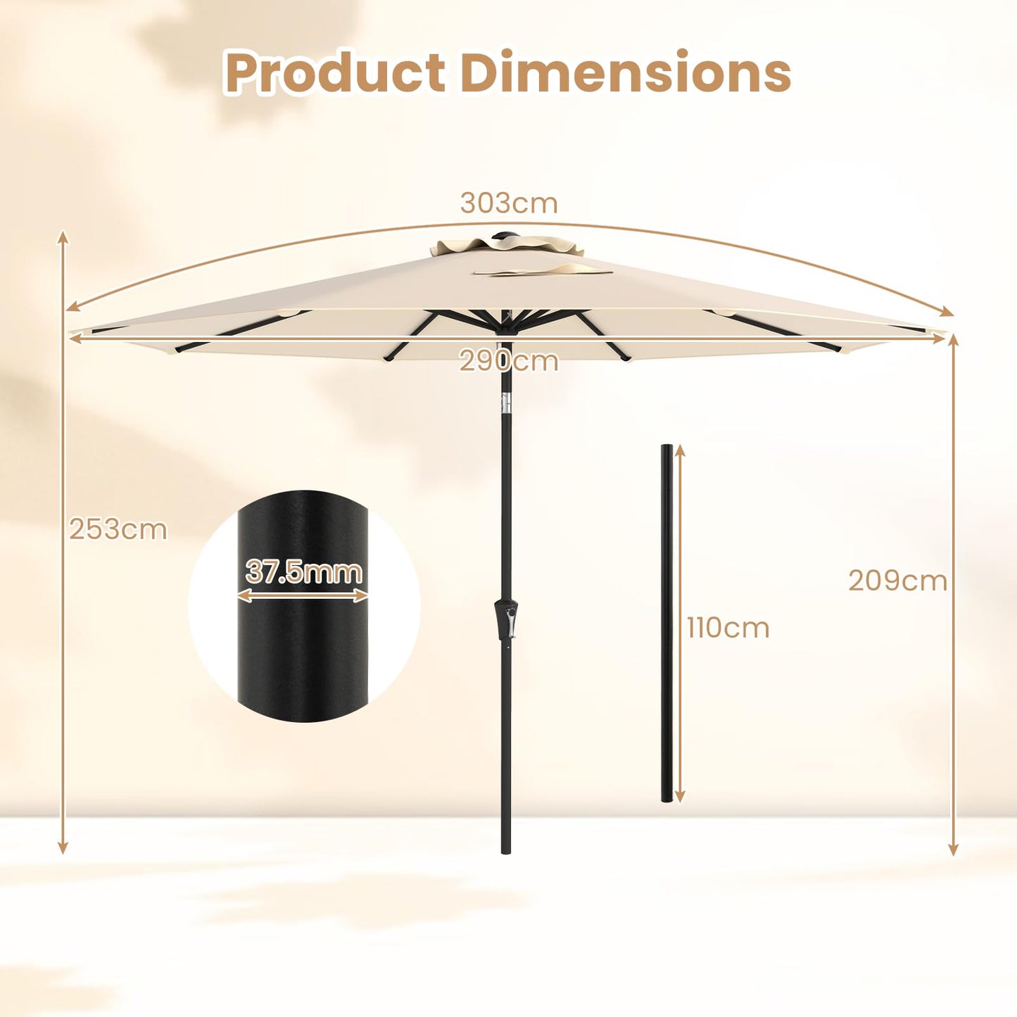 3M Waterproof Garden Parasol with Tilt & Crank Handle