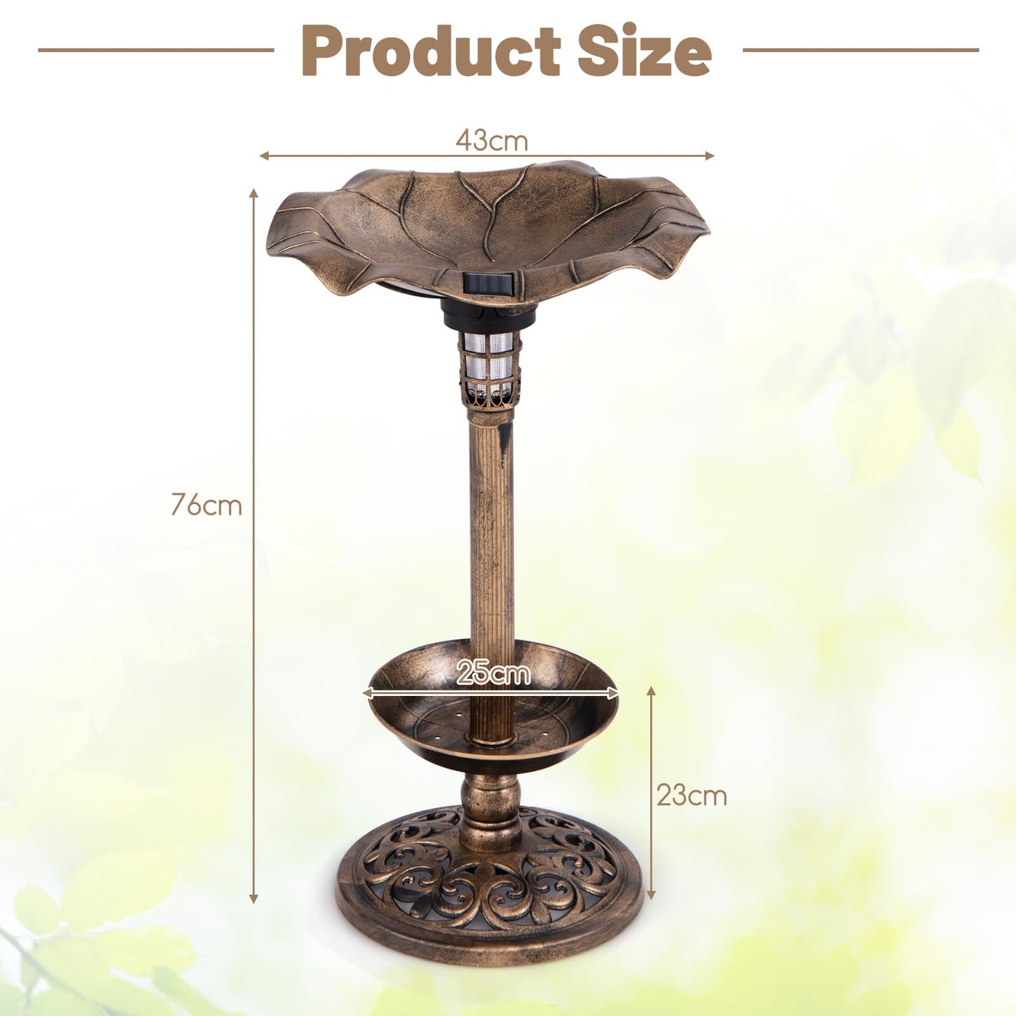 43cm Outdoor Birds Table with Solar Light & Lotus Leaf Bowl