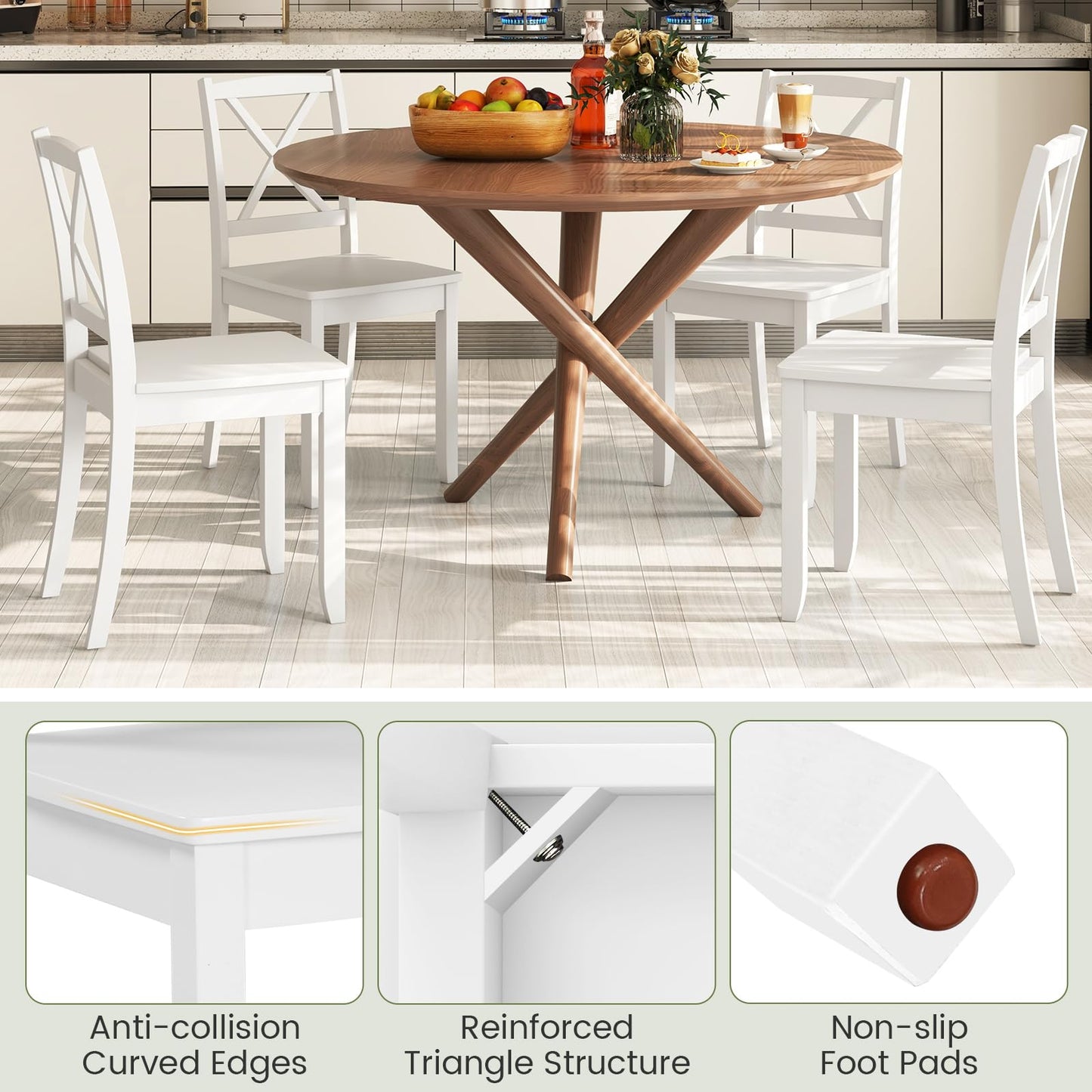 Dining Chairs Set of 2, Wooden Kitchen Chairs with Curved Cross Back Backrest