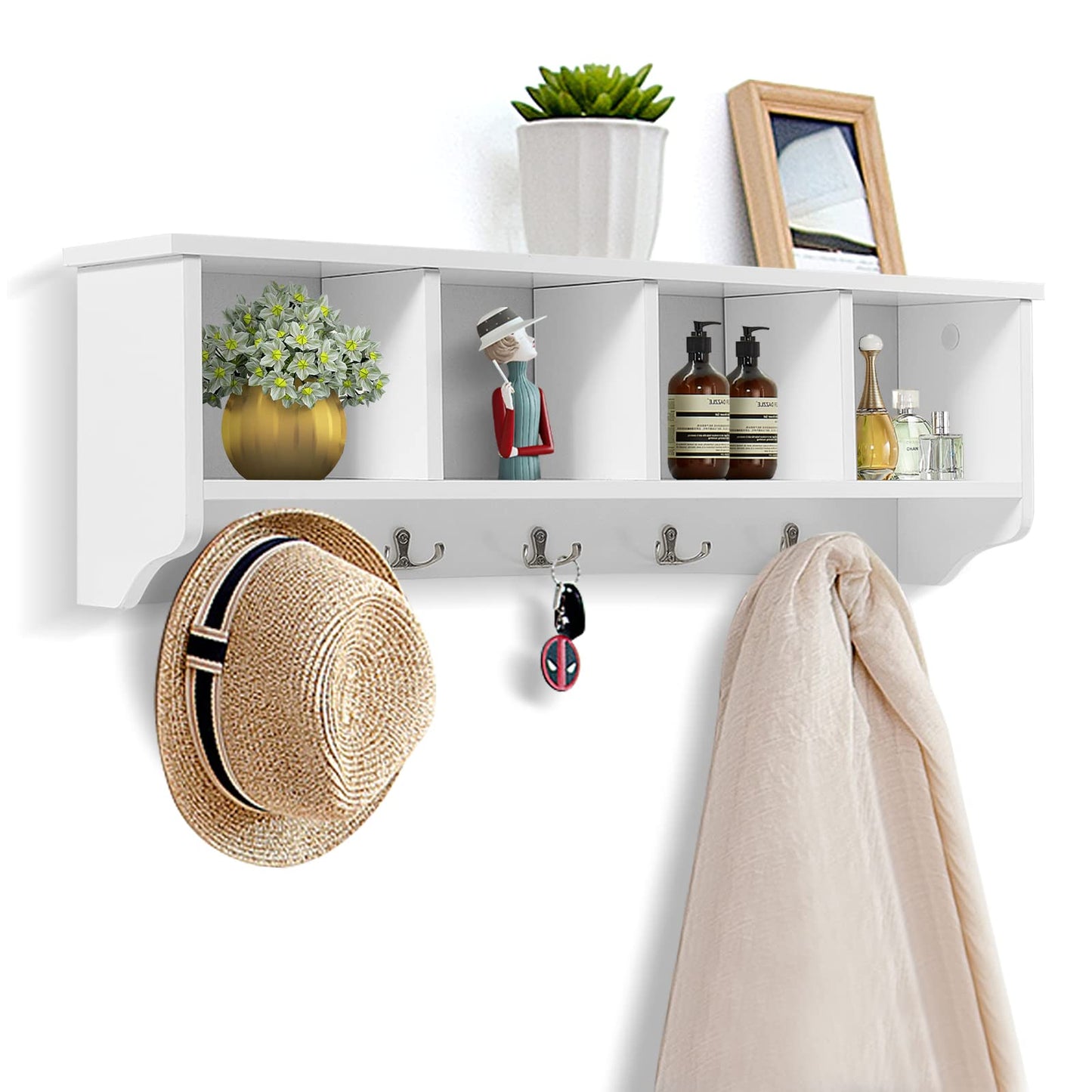 Wall Mounted Coat Rack, Wooden Floating Wall Coat Hanger with 4 Storage Compartments