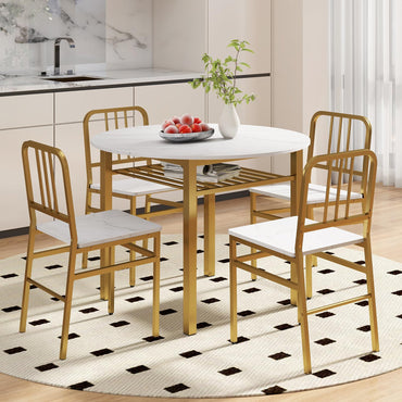 5 Piece Dining Table Set with Storage Rack and Metal Frame for Dining Room
