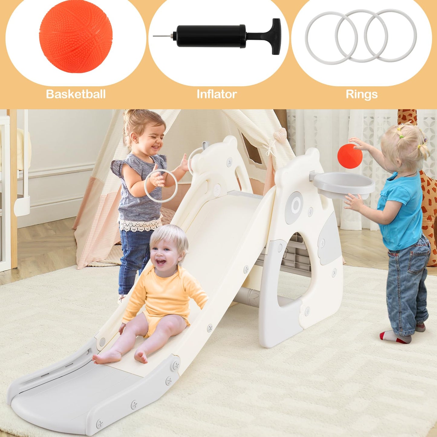Foldable Toddler Slide with Basketball Hoop and Ball