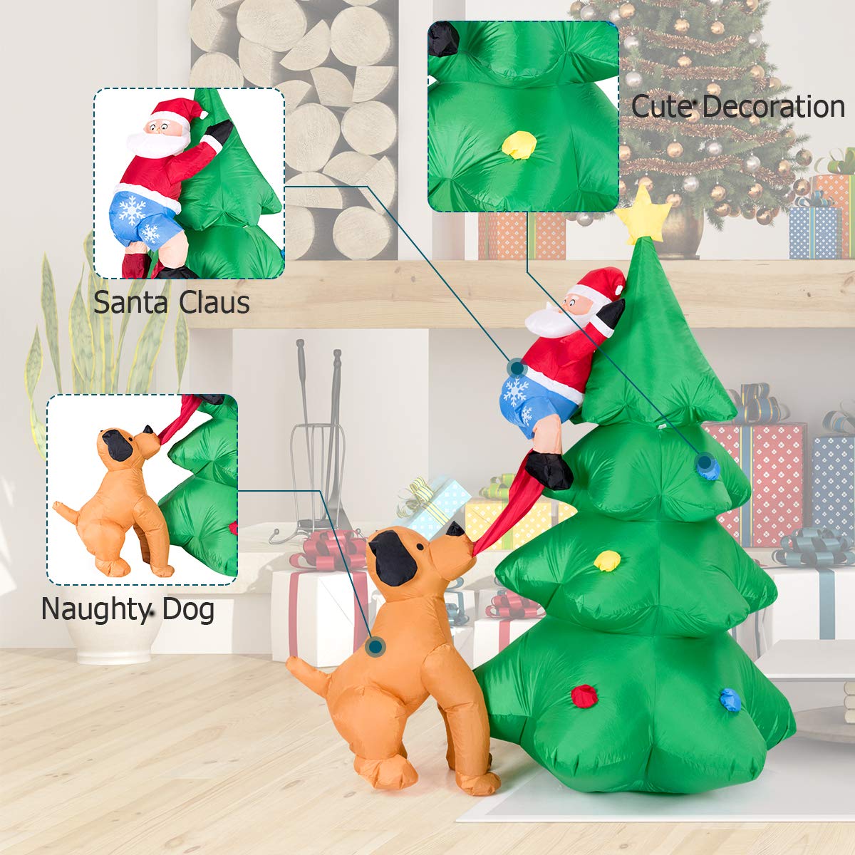 1.8m Inflatable Dog Chasing Santa to a Christmas Tree with LED Lights