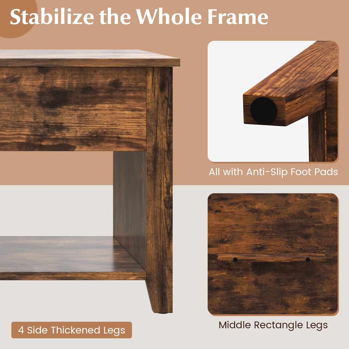 Rising Center Table with Lift Top Hidden Compartment