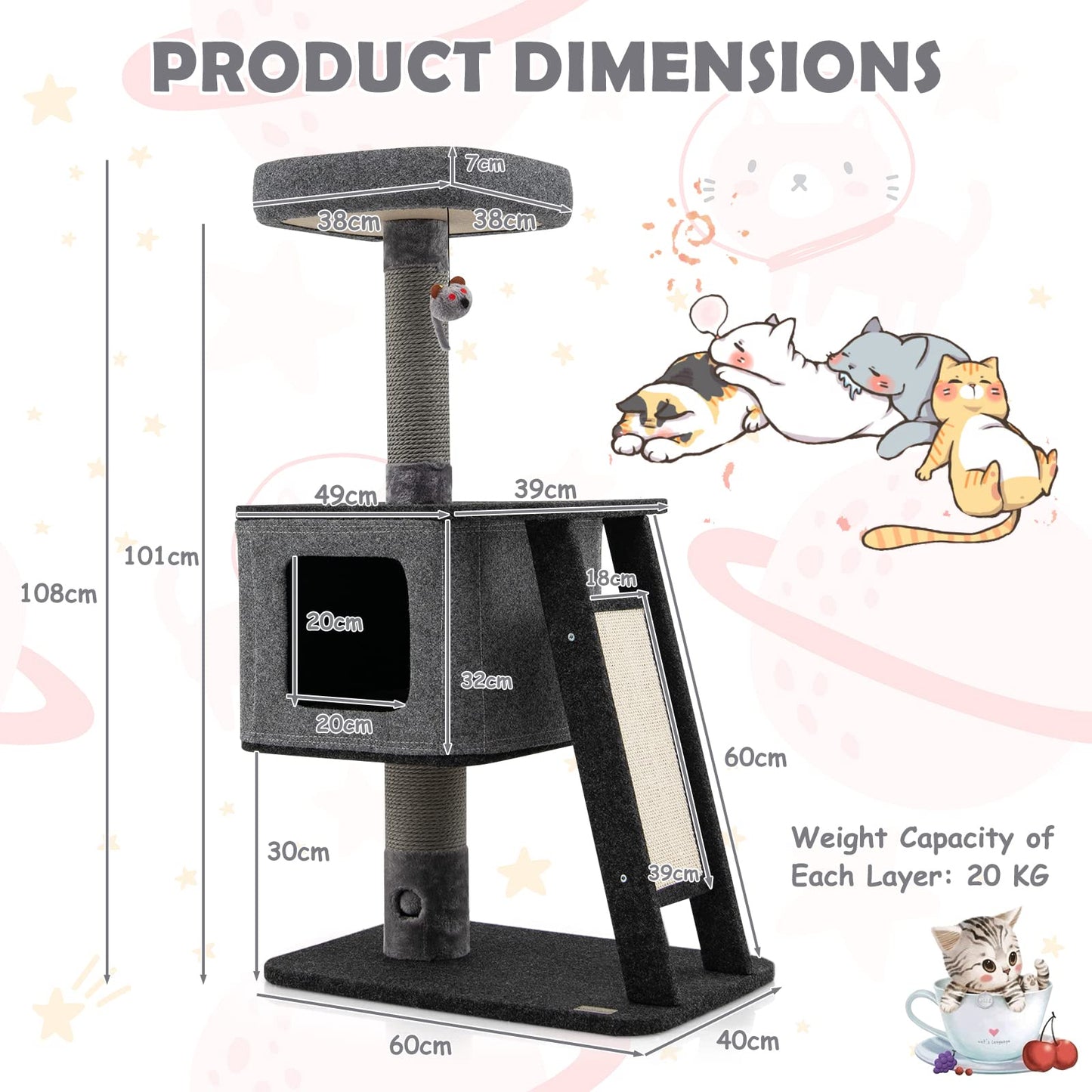 Cat Tree Tower with Scratching Ramp Posts and Top Plush Perch