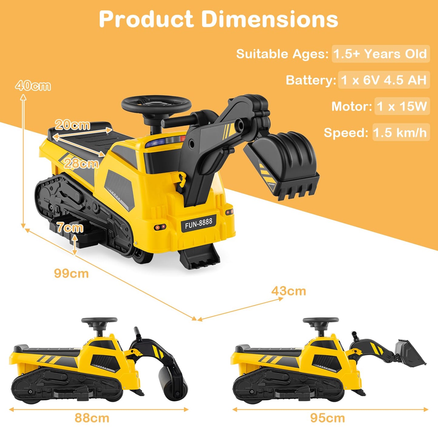6V Electric Toy Bulldozer Excavator with Adjustable Arms Music