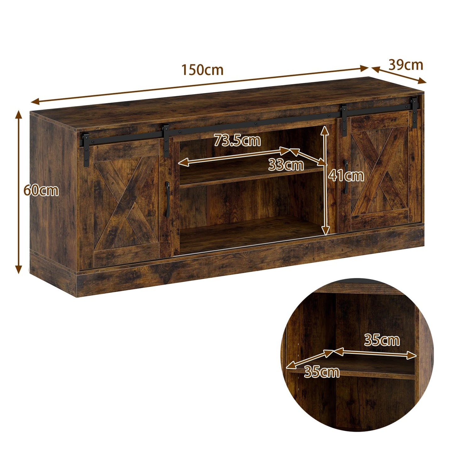 Entertainment Center with Sliding Barn Doors and Adjustable Shelves