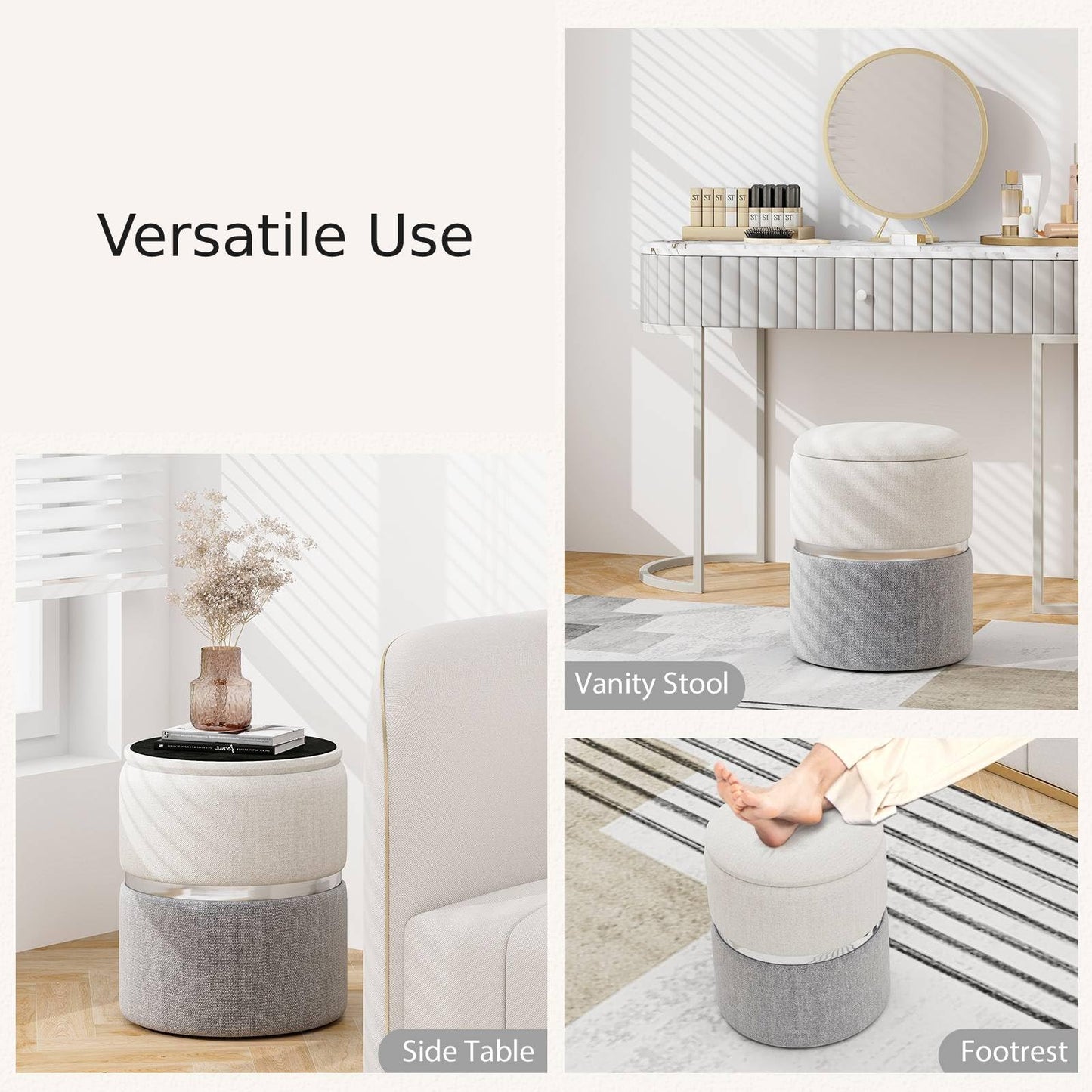 Modern Round Linen Fabric Storage Ottoman Set of 2