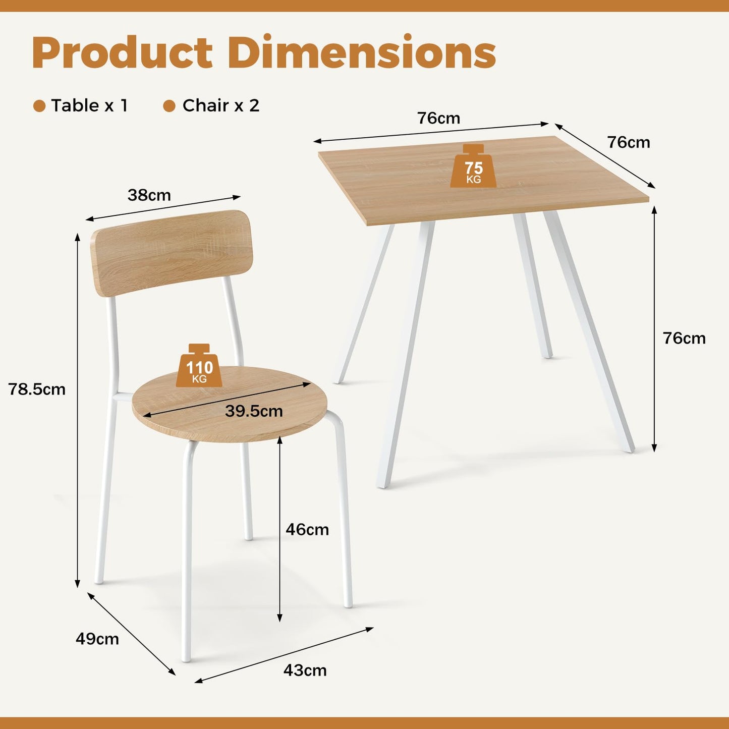3 Piece Breakfast Kitchen Table and Chairs with Metal Legs & Adjustable Foot Pads