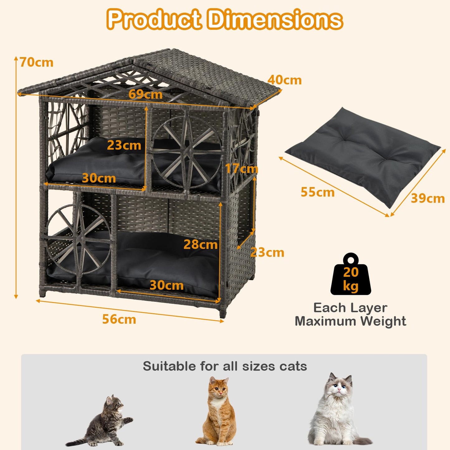 2-storey Wicker Cat House with Removable Cushions